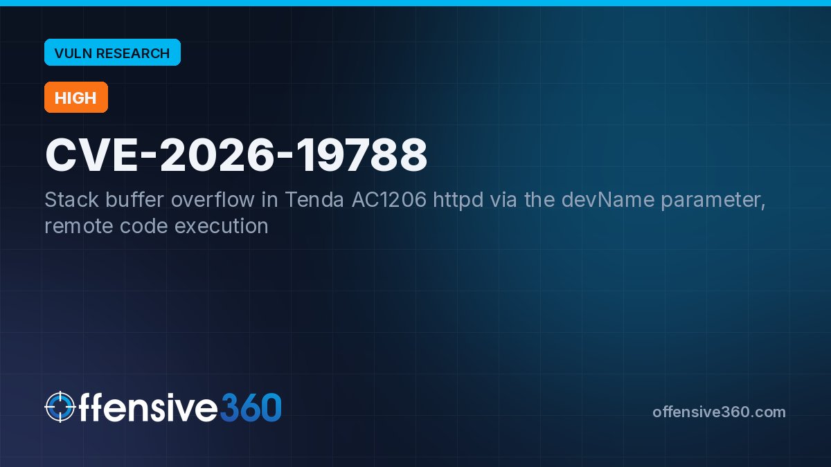 offensive360's tweet photo. CVE-2026-19788: stack buffer overflow in Tenda AC1206 httpd (fw 15.03.06.23). Oversized devName parameter, remote code execution. The form's maxlength is not a bound. Write-up: https://t.co/4SekR4yErU #CVE #IoTSecurity https://t.co/Egl41tigST