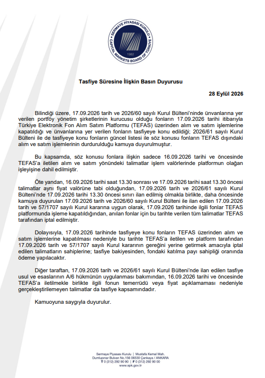TradeGercekleri's tweet photo. Sermaye Piyasası Kurulu'nun (SPK) 28 Eylül 2026 tarihli "Tasfiye Süresine İlişkin Basın Duyurusu"👇
https://t.co/ZGA83Ra0KN
#FonMağdurlarıZorDurumda #fonmağdurları #Borsaİstanbul #PRY #A1C #AT1 #BUL #HDF #PRD #TR3 #BPH #BPK #BPP #PusulaPortföy #A1CapitalPortföy #AtlasPortföy https://t.co/ZXMIxMZW8m