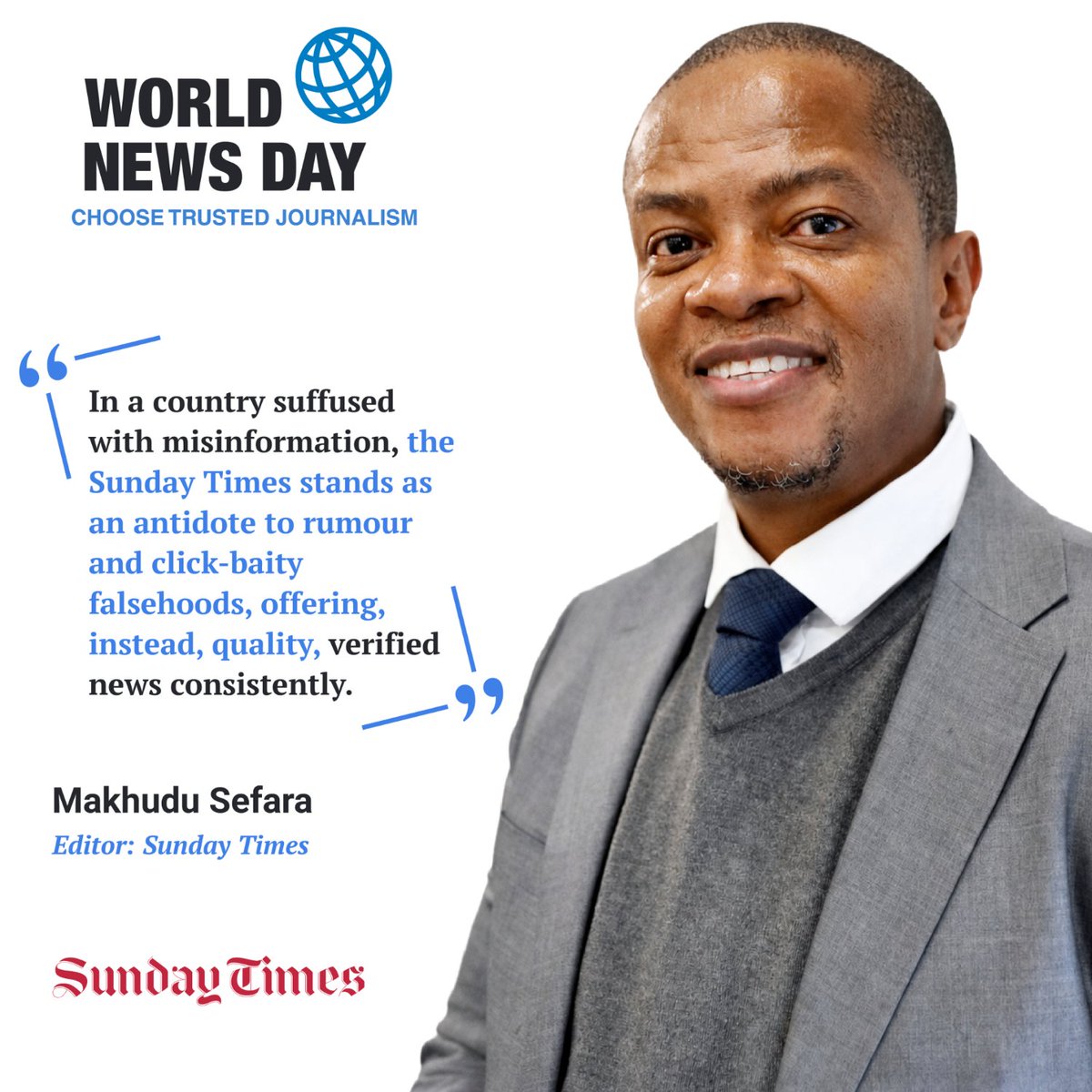 SundayTimesZA's tweet photo. World News Day | Know the facts. Understand what matters. Choose Trusted Journalism.

In a world where information is everywhere, trusted journalism helps us separate fact from noise, understand the stories shaping our world and make sense of what matters.

This World News Day, hear from our editors on the importance of trusted, credible journalism.

https://t.co/erh1rAuCHy

#WorldNewsDay #ChooseTrustedJournalism