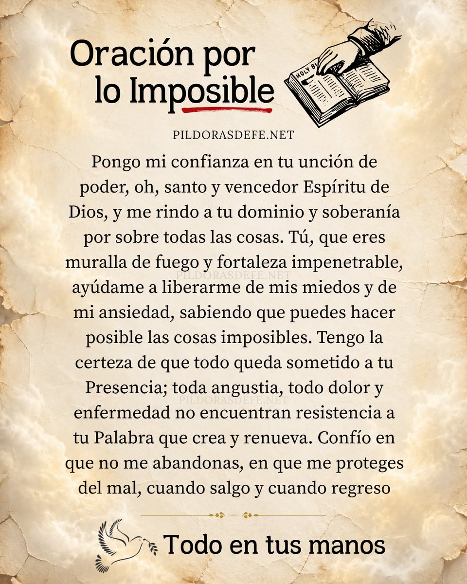 Pildorasdefe's tweet photo. ¿ES QUE ES IMPOSIBLE?

Todos guardamos algo que consideramos imposible... Esa puerta que parece no abrirse por más que oramos, insistimos y esperamos...

Lo curioso es que Dios no siempre comienza quitando el obstáculo; muchas veces empieza fortaleciendo la fe, quitando la ansiedad y devolviendo la paz para seguir confiando.

Cuando entregas lo imposible en la oración, estás poniéndolo en unas manos más grandes, donde lo que para ti es el final, para Él puede ser el comienzo de algo que aún no alcanzas a comprender.

Señor de lo imposible, 🙏
Hoy te entrego lo que no puedo resolver
Toca lo que está cerrado, ilumina lo que no entiendo y haz posible con tu amor lo que para mí ya parecía perdido.

👇 ¿Hay algo imposible por lo que sigues luchando hoy?