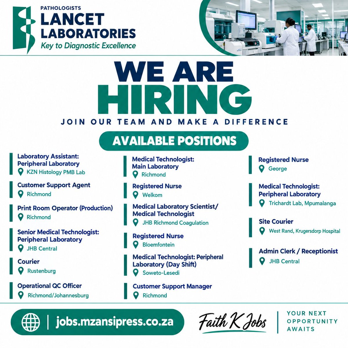 CarolBoitumelo1's tweet photo. 🔌Submit your CV at Lancet Laboratories

📌Admin Clerks/Receptionists
📌 Customer Support Agent 
📌Lab Assistant 
📌 Site Courier 

Location: South Africa

See full details: https://t.co/C9I6PUfzDI https://t.co/DeqOjuCF8n