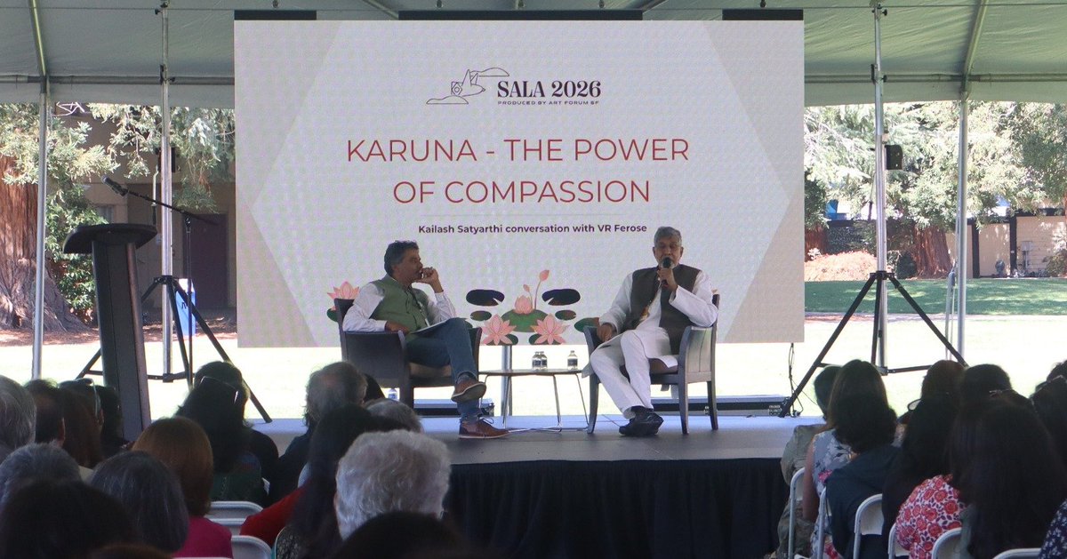 k_satyarthi's tweet photo. At five, I asked a cobbler why his son sat outside my school instead of inside.

He folded his hands and said, "Babuji, you are born to go to school. We are born to work."

I cried. I refused to accept it. That was my first spark of compassion.

Nobody taught it to me. It was already there. It is in every one of us.
But compassion is not a soft emotion. Kindness cannot free a child from slavery. Mercy cannot end caste. These injustices are built into systems, and they need a force.

Compassion is that force: disruptive, dynamic, transformative. It is feeling another's problem as your own, and acting to solve it.
That is what I shared today at SALA 2026 with my brother @VRFerose and the South Asian community of San Francisco. Thank you for your warmth and your questions.

The spark is within you. Don't let it go out.