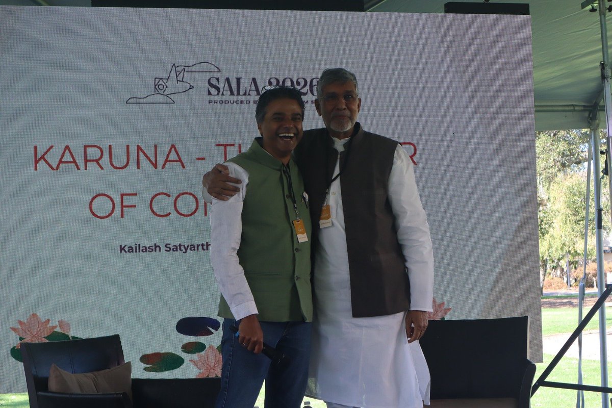 k_satyarthi's tweet photo. At five, I asked a cobbler why his son sat outside my school instead of inside.

He folded his hands and said, "Babuji, you are born to go to school. We are born to work."

I cried. I refused to accept it. That was my first spark of compassion.

Nobody taught it to me. It was already there. It is in every one of us.
But compassion is not a soft emotion. Kindness cannot free a child from slavery. Mercy cannot end caste. These injustices are built into systems, and they need a force.

Compassion is that force: disruptive, dynamic, transformative. It is feeling another's problem as your own, and acting to solve it.
That is what I shared today at SALA 2026 with my brother @VRFerose and the South Asian community of San Francisco. Thank you for your warmth and your questions.

The spark is within you. Don't let it go out.