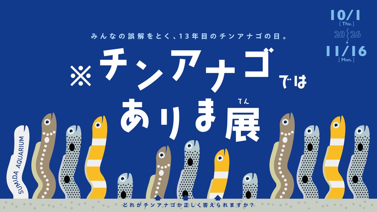 Sumida_Aquarium's tweet photo. ＼✨”チンアナゴの日”情報解禁✨／ 
今年のテーマは・・
「※チンアナゴではありま展」!!!!

あなたが知っているそのコ、ほんとにチンアナゴですか？？
チンアナゴについてもっと知って、みんなで楽しもう!!!!!!!!!!! 

詳細はこちら 💁‍♀️
https://t.co/vroICZFDhu

#チンアナゴの日 #11月11日はチンアナゴの日