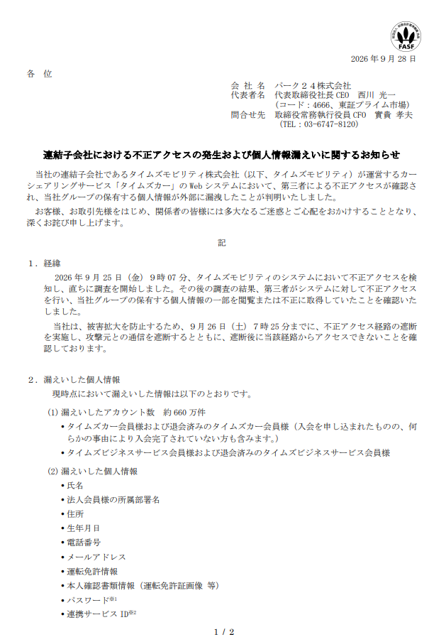 kiokunir's tweet photo. 【大悲報】パーク24さん、カーシェアのシステムに不正アクセスされ、約660万件の個人情報（免許証画像付き）を盛大にお漏らしして「全会員のプライバシーを強制ドライブ」させてしまった件ｗｗ

パーク24（4666）の「連結子会社における不正アクセスの発生および個人情報漏えいに関するお知らせ」を要約すると、
・子会社のカーシェア「タイムズカー」が第三者に不正アクセスされ、退会者含め約660万件のアカウント情報が流出、「車だけでなく個人情報まで世界へシェアすな（ ﾟДﾟ）ゴルァ！」状態
・氏名や住所だけでなく「運転免許証の画像」までガッツリ抜かれており、身バレの解像度が高すぎて特定班もドン引きするレベルのフルボッコ案件
・不幸中の幸いとしてクレカ情報は無事で、パスワードも復元不可形式だったためアカウント乗っ取りの連鎖は防げたものの、お漏らしの規模がクソデカすぎて普通に大事故
・現在は経路を遮断して外部専門機関と調査を進めつつ、カーシェア自体は通常営業中だが、ユーザーは「ワイの免許証はどこへドライブ行ったん？」と震えて眠る無理ゲーへ突入

【まとめ】
カーシェアのシステムから約660万件の個人情報（免許証画像含む）を盛大に流出させてしまい、クレカ無事で最悪の事態は避けたものの、ユーザーを不安の底へ突き落としつつ業績への影響を絶賛精査中なお騒がせ企業です。