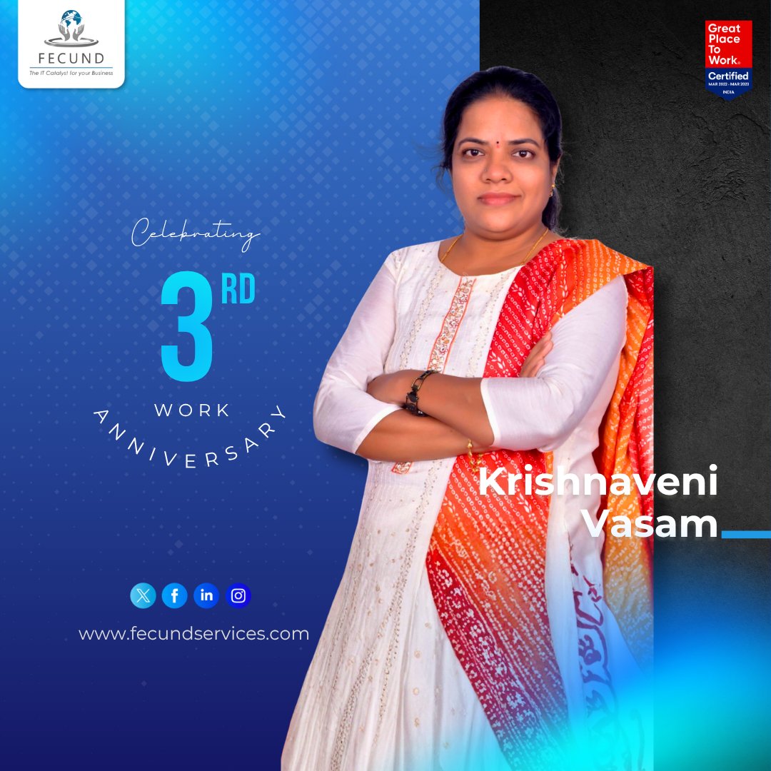 FecundSoftware's tweet photo. Congratulations on your 3rd Work Anniversary, Krishnaveni Vasam!🥳Here’s to celebrating your achievements so far and looking forward to many more milestones and successes ahead! 🚀 Wishing you a very Happy Work Anniversary! 🎊

#Workanniversary #FECUND #Greatplacetowork https://t.co/RItJIs1u9h