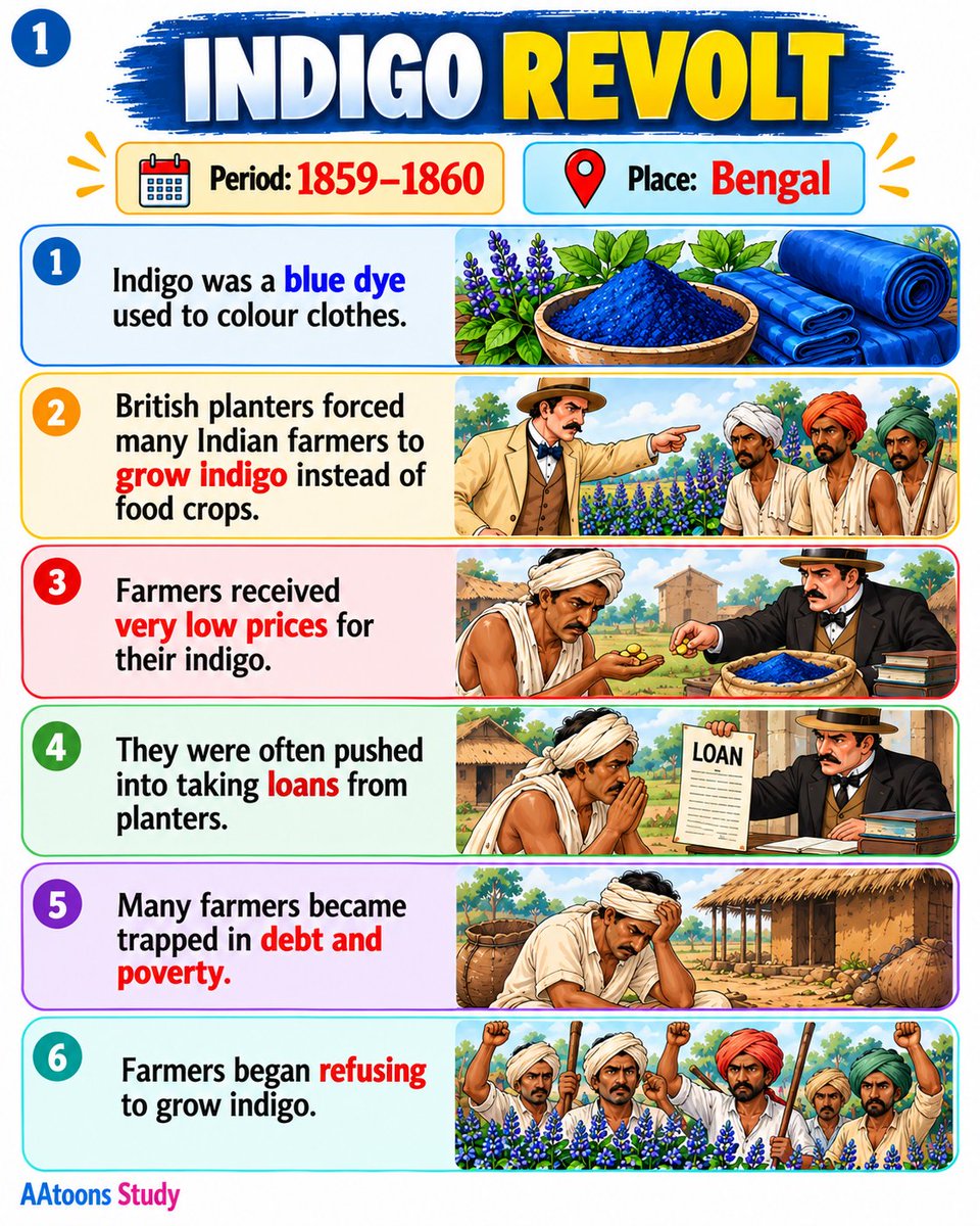 AAtoonsStudy's tweet photo. Indigo Revolt (1859–60) | Causes, Events &amp; Results | Indian History Explained I https://t.co/hM3bFfh4LG

#IndigoRevolt #IndianHistory #HistoryForStudents #ModernIndianHistory #HistoryFacts #AAtoonsStudy https://t.co/Zc6cZ4EHyW