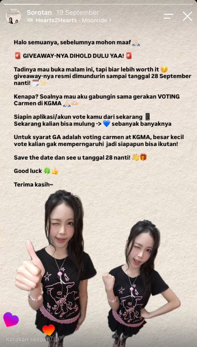 ukh_tami's tweet photo. sudah tanggal 28 voting #CARMEN KGMA 2026 | K-WAVE Popularity Final dah dibuka! Jadi sesuai janji waktu di IG kemarin hari ini mini GA aku mulai juga ya, aku share di X juga yang mau join boleh banget ikutan detailnya menyusul 🫶🏻 https://t.co/ad2VzEnnda