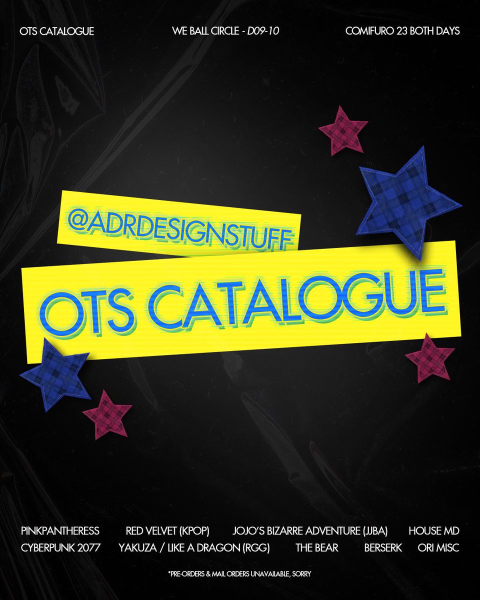 adrdesignstuff's tweet photo. [❤️🔁 appreciated!]
#cf23 #cf23catalogue 

🪩 we ball circle (d09-10), both days, ots only
🎮 pinkpantheress, red velvet (kpop), originals, cyberpunk 2077, fallout new vegas (fnv), jjba, yakuza (rgg), house md, the bear, berserk

#comifuro23 come by the booth choom ✌🏼😹 https://t.co/faebyHSwKy