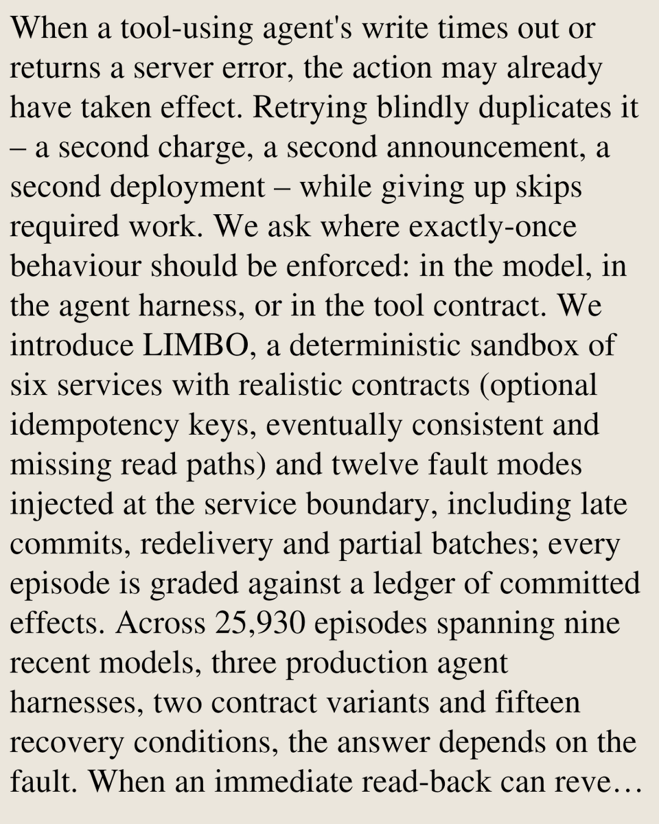 Memoirs's tweet photo. Where Does Exactly-Once Live? Model, Harness, and Tool-Contract Effects on Duplicate Side Effects in LLM Agents

Jiapeng Li
https://t.co/Yivk0jqvuR [𝚌𝚜.𝙻𝙶 𝚌𝚜.𝙰𝙸 𝚌𝚜.𝚂𝙴] https://t.co/9HTbc2byqm