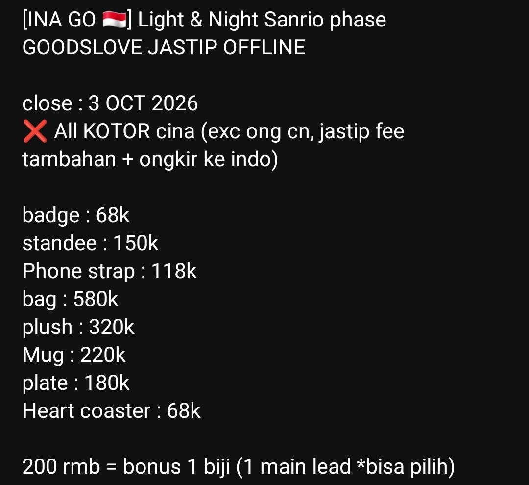 xiazuoo's tweet photo. [INA GO 🇮🇩] Light &amp; Night Sanrio GOODSLOVE JASTIP OFFLINE

help rt/like ❤️

close : 3 OCT 2026
❌️ All KOTOR cina (exc ong cn, jastip fee tambahan + ongkir ke indo)
200 rmb = bonus 1 biji (1 main lead *bisa pilih)

order? lgsg di dm ya~~ https://t.co/FlMisUFEWL