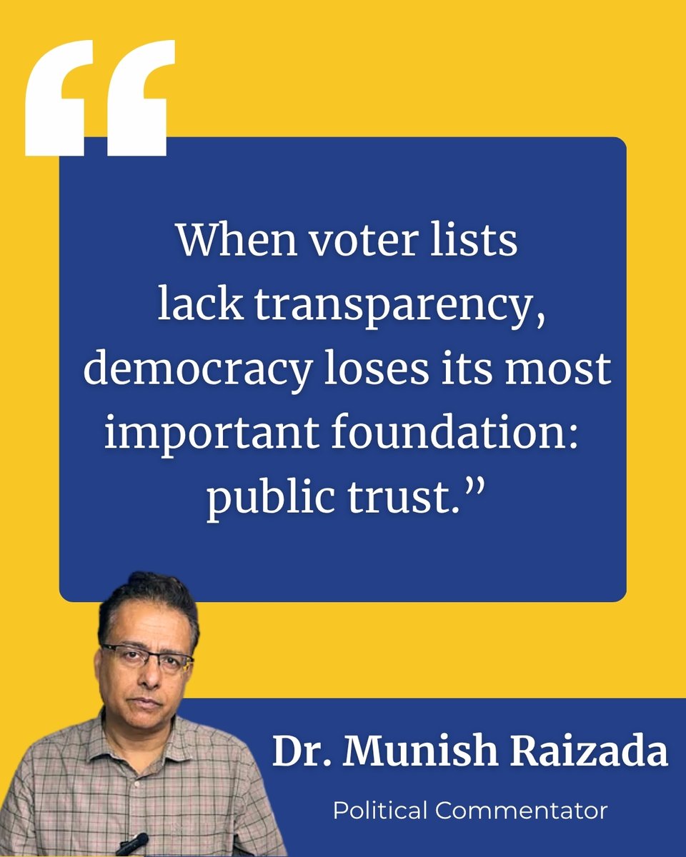 MunishRaizada1's tweet photo. "When voter lists lack transparency, democracy loses its most important foundation: public trust.” - Dr. Munish Kumar Raziada 

#VoterList #ElectionCommission #Democracy https://t.co/ikSnyCcql2
