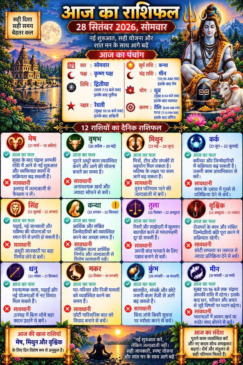 kundli02's tweet photo. 🔮 28 Sep 2026 | Panchang
🌙 Dwitiya till 7:13 PM
⭐ Revati till 10:16 AM → Ashwini
♓ Moon: Pisces → Aries at 10:16 AM
⭐ Today’s positive signs: Aries, Gemini &amp; Scorpio
⚠️ Virgo: Avoid rushed or risky decisions. 
भगत सिंह
#Astrology #panchang #rashifal #Multibagger_Stock_Pick https://t.co/sOKhsx8zwy