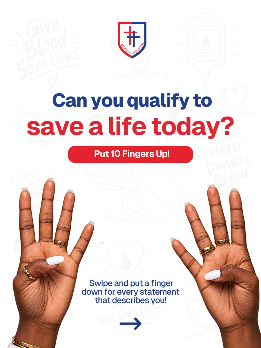 mengo_hospital's tweet photo. How many fingers do you have left? If you put 5 or more fingers down, you are ready to give blood! 

Comment your number below or tag a friend to challenge them!

#MengoCares https://t.co/v8GaIgalAm