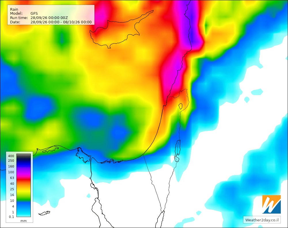 weather2day_il's tweet photo. תחזית המשקעים של המודל האמריקאי מהבוקר לעשרת הימים הקרובים.

חלק ממנת הגשם החזויה כבר גולש לתוך חודש אוקטובר, שכאמור, לפי התחזיות ארוכות הטווח מסתמן כחודש גשום במיוחד. https://t.co/H6tyotvhg9