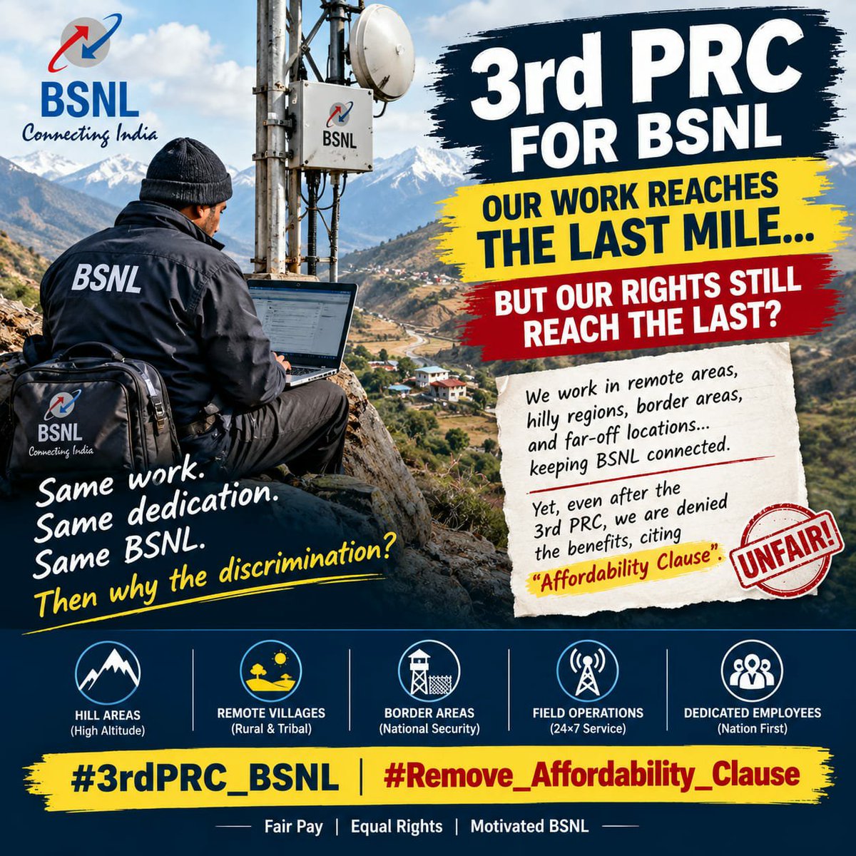 jollygood_rahul's tweet photo. Last-mile connectivity in rural India is built on the hard work of BSNL staff. We humbly appeal to @narendramodi Ji to consider our social service aspect and relax the affordability clause. 🙏

#Remove_Affordability_Clause
#3rdPRC_BSNL https://t.co/0ZYUOMVtvQ