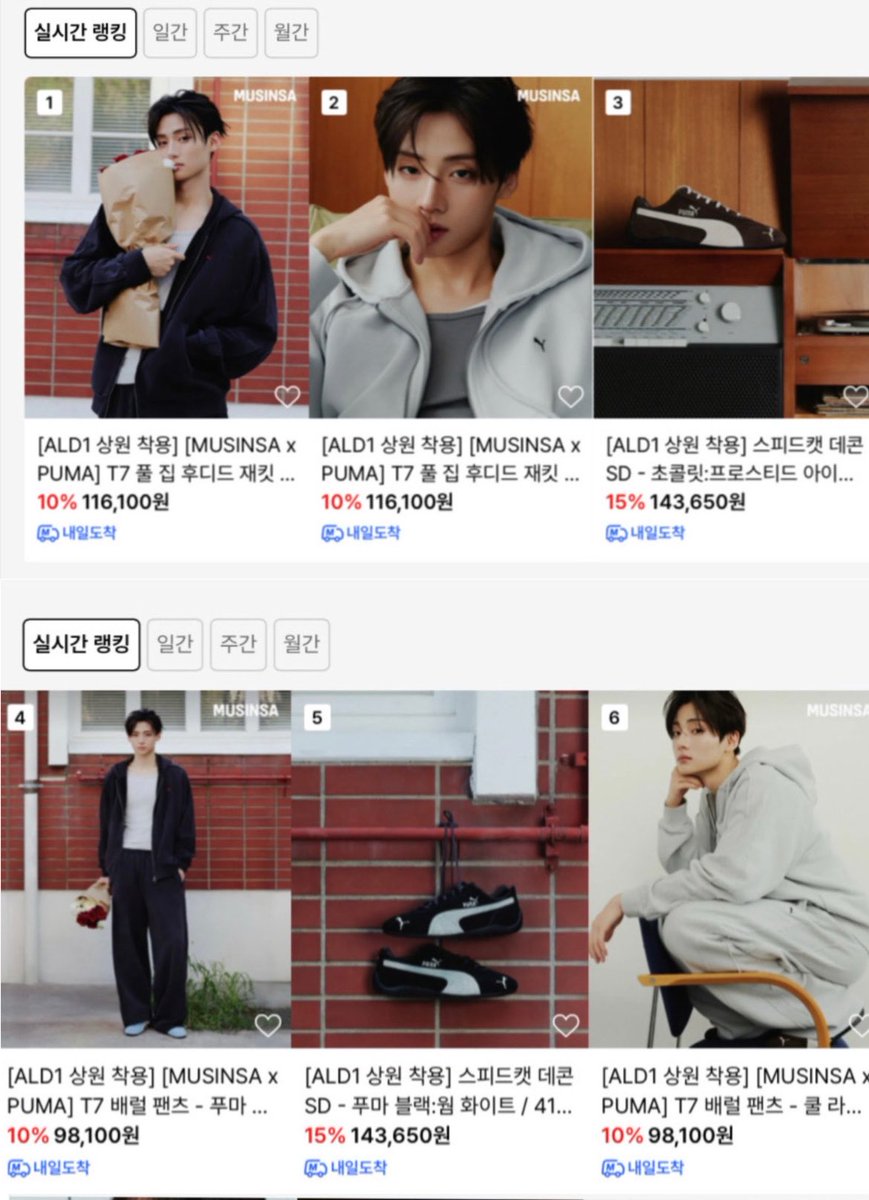 featlsw's tweet photo. current update: just hours after sangwon x musinsa x puma online release at 11 am kst today, sangwon’s items are ranking within the top #1–10, and #16 in the real-time rankings on their site! his impact is crazy 😮‍💨 #상원 #李相沅 https://t.co/e8EayiRuNe