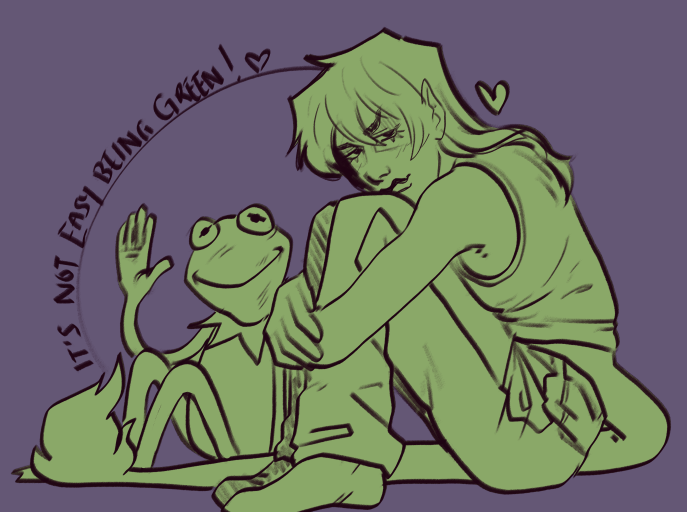 simlorecore's tweet photo. a lil sketch of Simora and Kermit. 

Funfact: Sim loves frogs... and adores Kermit ever since some random human crewmember introduced them to the Muppets. 

Yes, they do sing this song to themselves sometimes :3c https://t.co/tyZFPd1XWJ