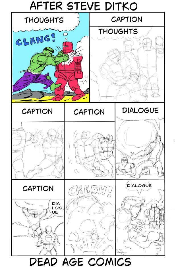 GhostComicsPast's tweet photo. WIP Rough Page After Steve Ditko. Absorbing his Style (Composition, Perspective, Poses, Anatomy, Camera Angle, Expressions, Backgrounds).
Completed Rough Pencils for the rest of the Panels. Drawn Digitally
#deadagecomics https://t.co/ZYi1XtPeGo