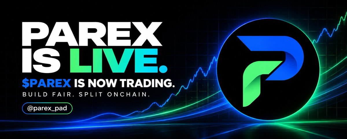 parex_pad's tweet photo. PAREX is officially live 

PAREX is now trading on Solana.

Built for teams that want transparent, programmable fee sharing — without spreadsheets, manual payouts, or hidden allocations.

Ticker: PAREX
CA: 9EJ3b2YF8RZQYrtR9drszakQQ3VHvB54j497QfMZpump

Always verify the contract through @parex_pad and our official website before interacting.
Build fair. Split onchain.