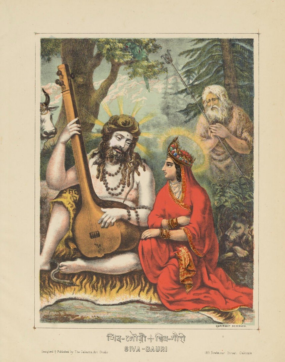 shiv_eternal's tweet photo. A tale of two Nandis

Look closely at this beautiful old image. There are two forms of Nandi.

The bull beside Shiva is Vṛṣabha — Shiva’s sacred bull and mount.

But look at the old, bearded figure standing in the background with Shiva’s trident. He is also Nandi — the guardian and gatekeeper of Shiva’s abode, Mount Kailash.

In Shaiva traditions, Nandi as the bull and Nandikeśvara as the human guardian are described as different forms. Over time, these two identities became closely merged in popular art, tradition and iconography.

There is another beautiful detail. Shiva is explaining the secret Yoga-shastra to Gauri, with the gentle sound of his tambura. Above them, a green parrot is secretly listening.

Gauri eventually falls asleep, but Shiva continues teaching, unaware that the parrot is answering “Ay” after each point. When Shiva discovers the secret listener, the parrot escapes and eventually becomes connected to the birth of Śuka, the son of Vyasa.

Shiva-Gauri
Lithograph printed by the Calcutta Art Studio, Calcutta, 1878–1883.
Printed in black and hand-coloured with watercolor and selectively applied glaze.