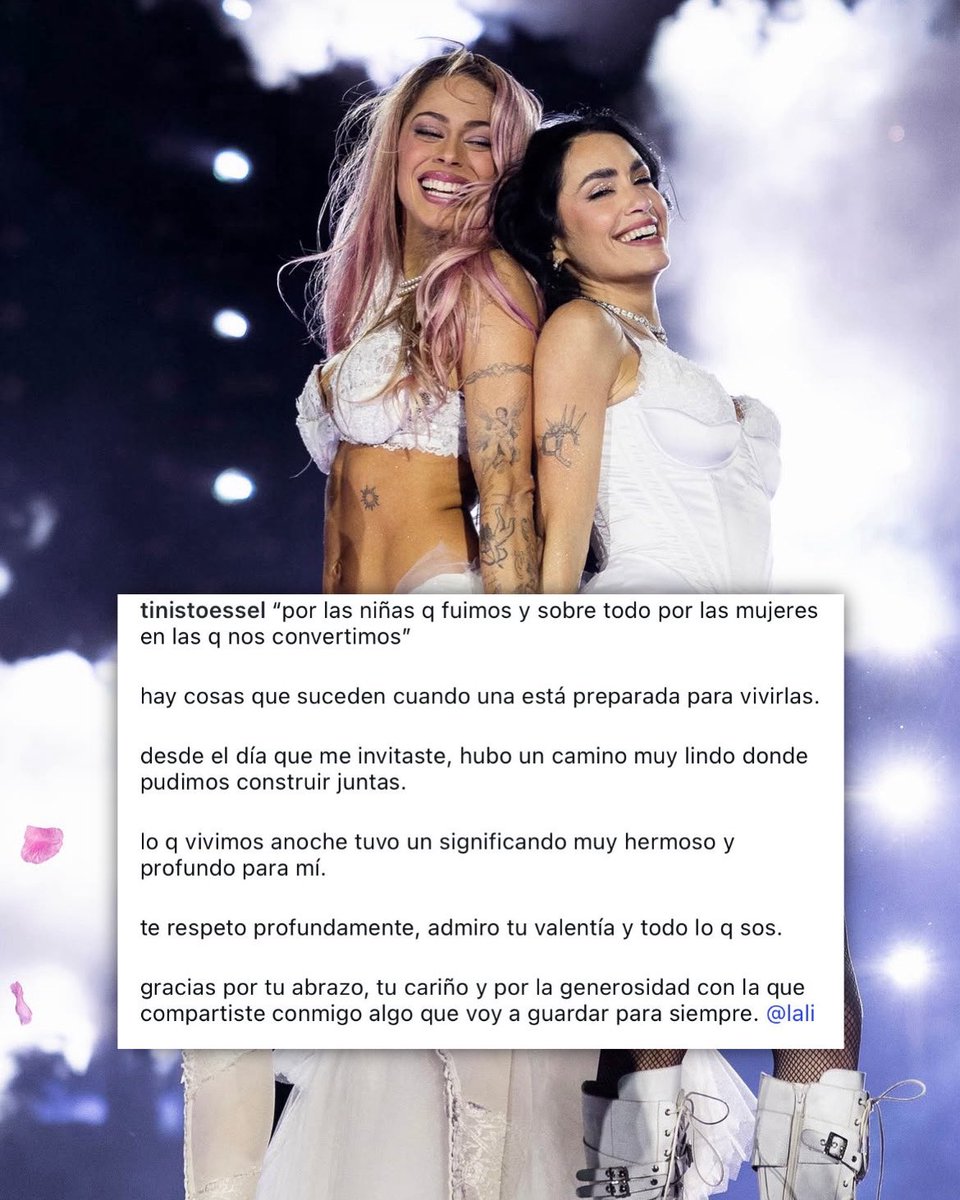 updateargs's tweet photo. Las palabras de TINI hacia Lali luego de invitarla a cantar juntas en River🤍👰🏻‍♀️

“Gracias por tu abrazo, tu cariño y por la generosidad con la que compartiste conmigo algo que voy a guardar para siempre” https://t.co/U1k37Vwh34