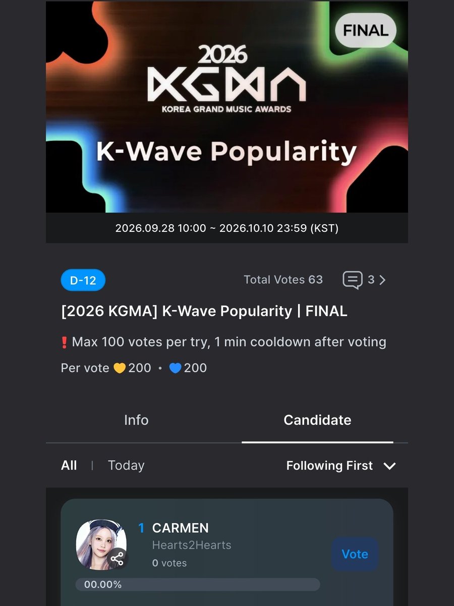H2HCARMEN_INA's tweet photo. 📢 VOTING '[2026 KGMA] K-Wave Popularity | FINAL' TELAH DIBUKA 🏆

🎯 Peringkat 1
🗓️ 28 September ~ 10 Oktober (23.59 KST)
📱 Aplikasi 'coogoong' (https://t.co/m8vGjw69QR)
🗳️ 1 vote = 200 💙/💛 

#Hearts2Hearts #CARMEN #카르멘
@Hearts2Hearts https://t.co/TFfPXxRj8Z