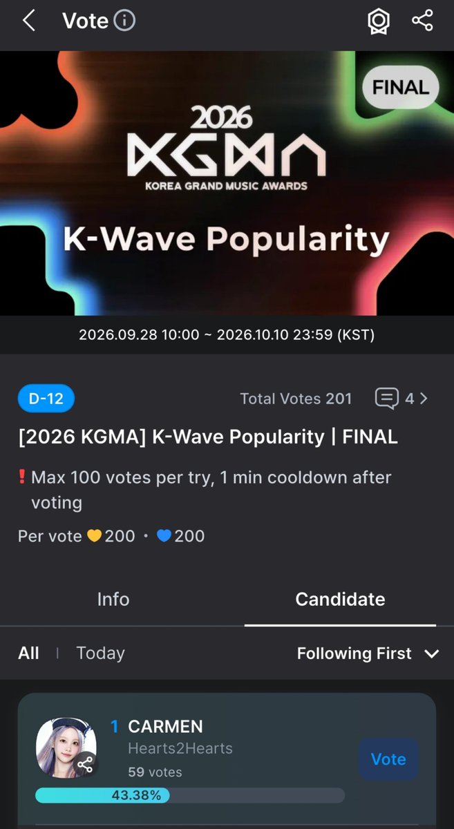 yourmlly's tweet photo. 🚨 FINAL KGMA K-WAVE POPULARITY SUDAH DIBUKA‼️

➡️:https://t.co/m3rgcZxITi

Saatnya vote #CARMEN sekarang!  Jangan lengah, terus kumpulkan dan simpan Heart sebanyak-banyaknya untuk hari terakhir. Setiap vote sangat berarti! 🔥

LET’S FIGHT UNTIL THE END! 🫶🏻 https://t.co/JZ8i7WQc8e