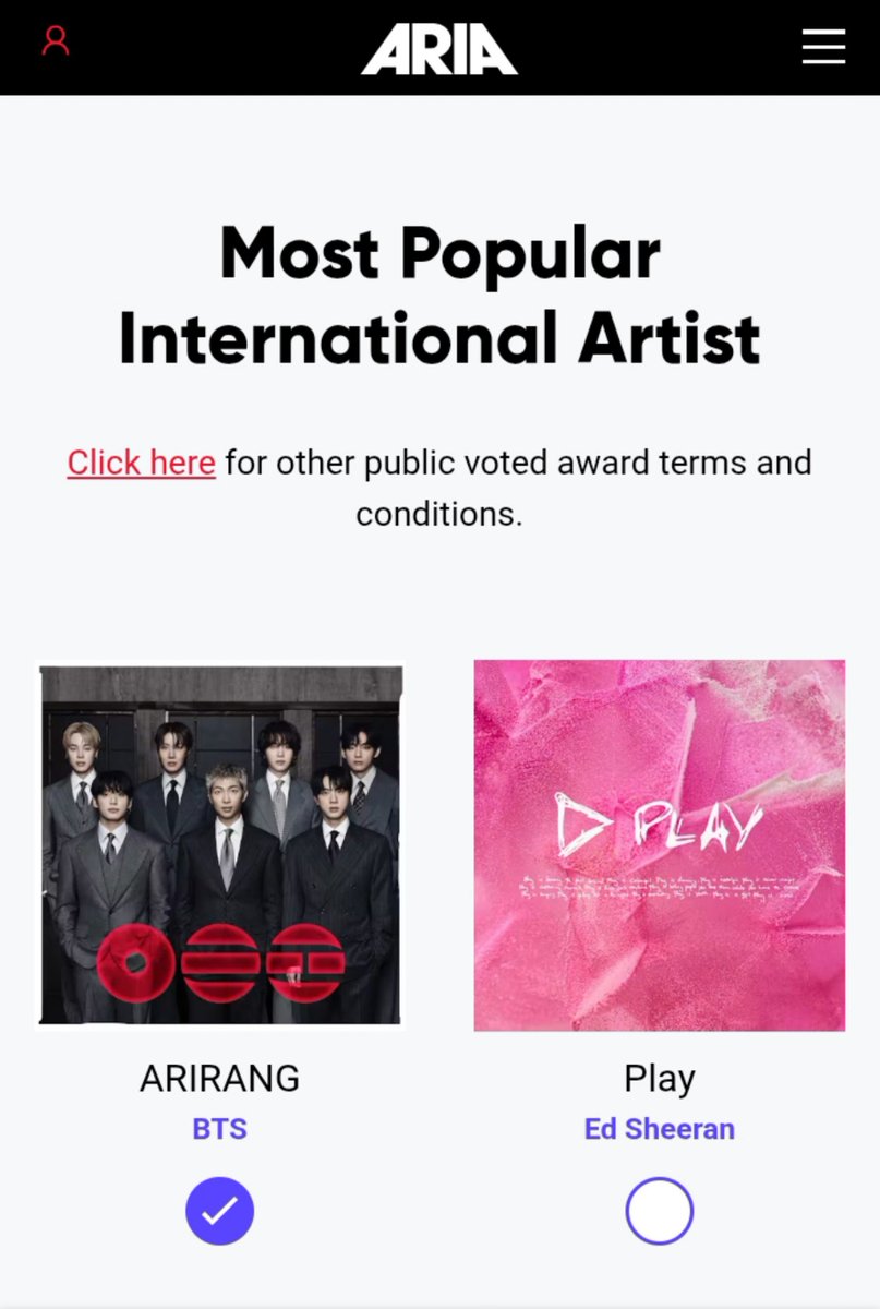 btschartpulse's tweet photo. #BTS has been nominated for Most Popular International Artist category at the ARIA Music Awards 🏆 

🗳️ https://t.co/vrxIX1OizQ
🔗 https://t.co/H5x4aFtcL4

I vote for #ARIASBTS at the 2026 ARIA Music Awards. https://t.co/4fshvXy8yE