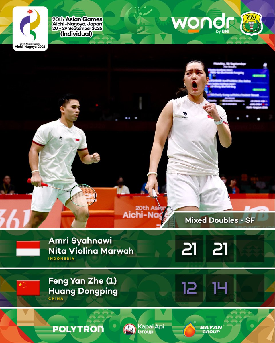 INABadminton's tweet photo. REVANS DAN KE FINAL!!! 🏸🇮🇩

Amri/Nita luar biasa membaraaaa ❤️‍🔥🔥

#BadmintonIndonesia #AsianGames2026 https://t.co/vJedws0PLz