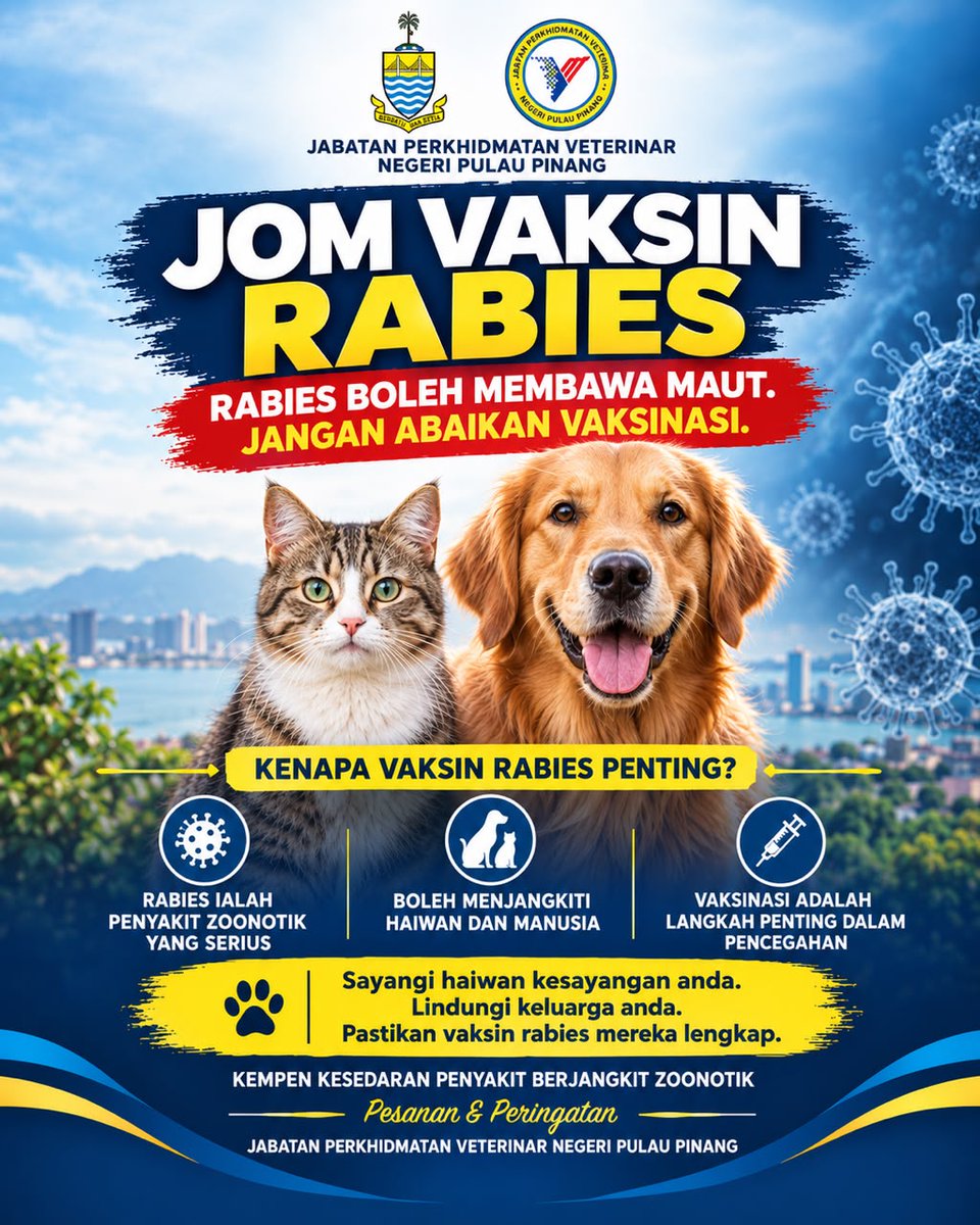 DVSPenang's tweet photo. 📷📷📷JOM VAKSIN RABIES📷📷📷
Rabies adalah penyakit serius yang boleh menjangkiti haiwan dan manusia, malah boleh membawa maut.
Jangan abaikan vaksinasi!
Sayangi haiwan kesayangan dan lindungi keluarga anda dengan memastikan vaksin rabies mereka lengkap. https://t.co/xyWAkzq60i