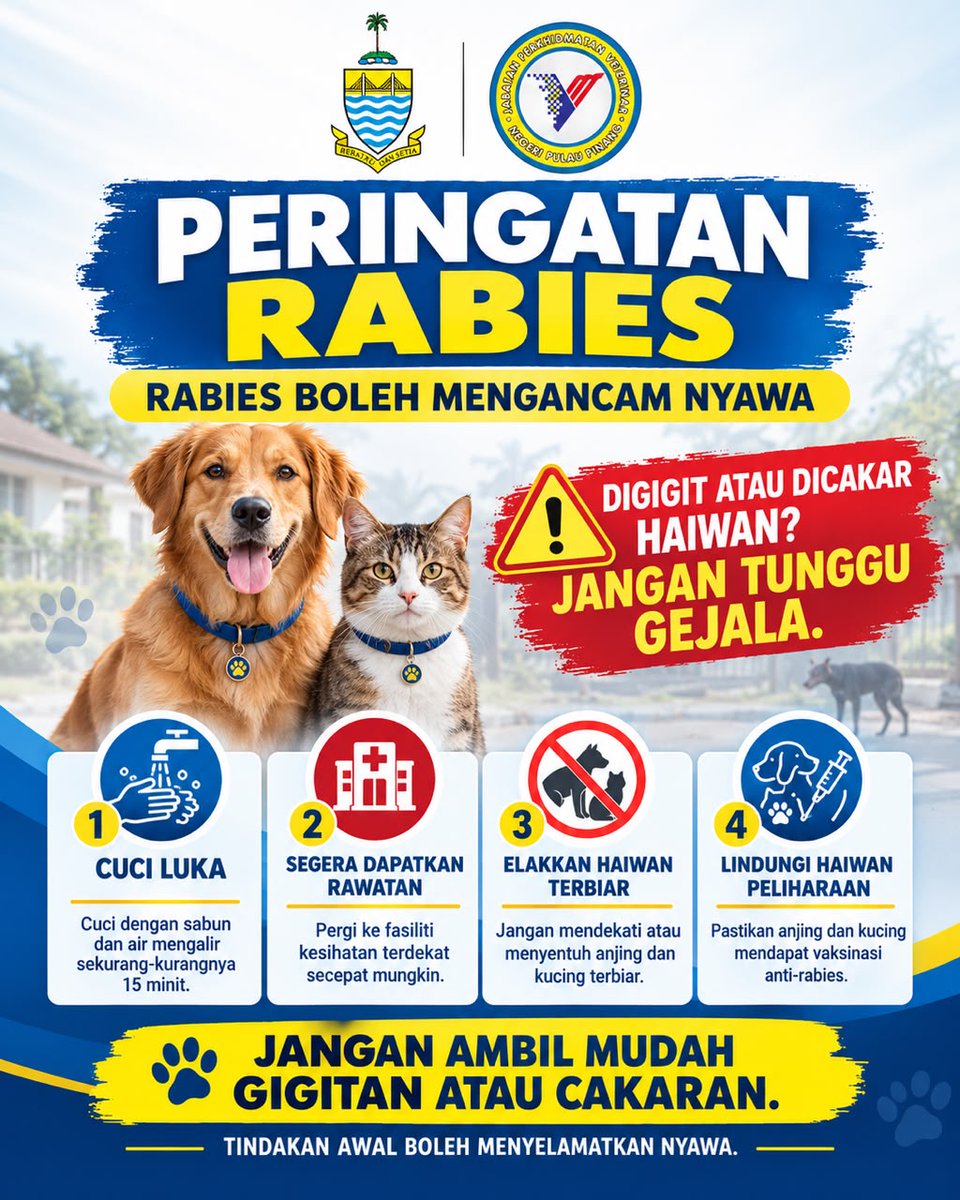 DVSPenang's tweet photo. RABIES BOLEH MEMBAWA MAUT.
JANGAN ABAIKAN VAKSINASI!
Rabies ialah penyakit zoonotik yang serius dan boleh menjangkiti haiwan serta manusia. Oleh itu, vaksinasi adalah langkah paling penting dalam pencegahan penyakit yang boleh mengancam nyawa ini. https://t.co/S2pqlkfjo1