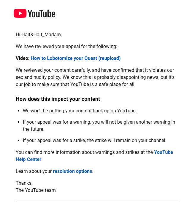 HalfnHalf_Madam's tweet photo. Meta somehow convinced the asinine youtube moderation AI THAT A GITHUB LINK IS PORN

One of the clearest example of Meta mass reporting a video about rooting headsets

@TeamYouTube @YouTube can AN ACTUAL HUMAN please explain to me why Meta gets to take down my video??

plz repost https://t.co/E6qpG7oAeS