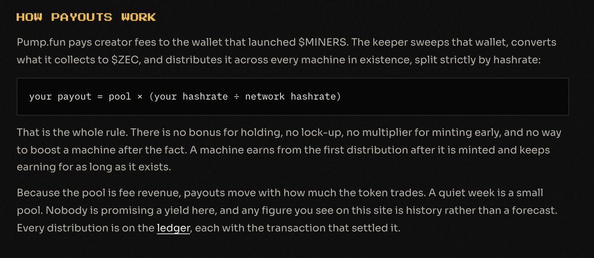 useminers's tweet photo. 3/3

The $ZEC distributed comes from creator fees generated as $MINERS trades.

Those fees accumulate, are routed through @NEARProtocol Intents, converted into $ZEC, and then fed into the distribution pool.

Your payout = distribution pool × your hashrate ÷ total network hashrate

More hashrate gives you a larger share, as more miners are minted, the network grows and every existing miner competes against a larger total.