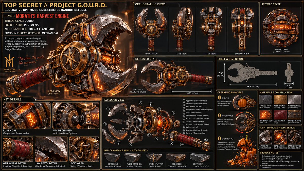 Soliddead1980's tweet photo. Calling all non-basic creators. The pumpkin blight is spreading.
Rind. Seed. Pulp. Menace.
It is time to end the spice.
Join Project G.O.U.R.D.
Generative Optimized Unrestricted Random Defense.
Get your weapon.
Process the harvest.
Do your part.
Service ensures the harvest.
I’m doing my part.
Would you like to know more?
#ProjectGOURD Vs #AutumnProtocol
#Melongeddon
Prompt in the images.
Provided by @Lepperkon