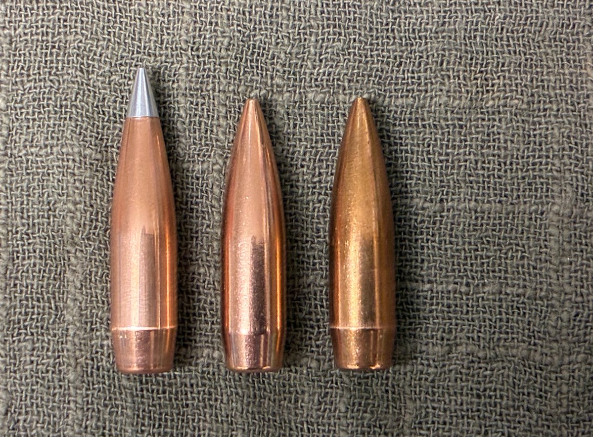 MrLeadslinger's tweet photo. 30 cal comparison. The new Hornady 177 A-Tip, 175 Aeromatch and Sierra 175 Match King, which has been my primary .308 bullet for many years. If I had any Berger 185 Juggernauts that weren’t already loaded I’d have included that since it’s the one I’ve been working on lately. https://t.co/lKhADW6pQb