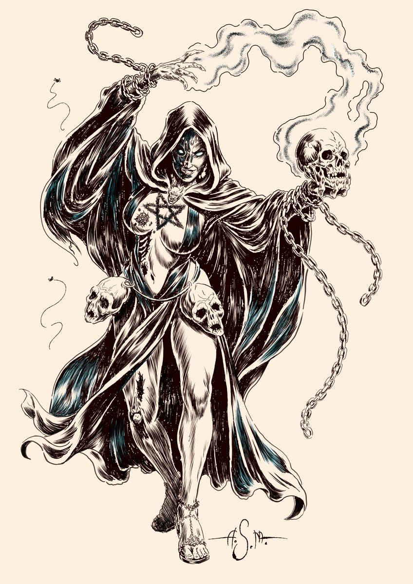 s_andrios's tweet photo. Aedra, the Deathwhisper. Pen and ink artwork. Another collaboration with the design team for the game The Unbound Odyssey. #fantasyart #witch #sorceress #necromancer #blackandwhiteart #comicart #darkart #femalecharacter #horrorart #penandink #pentagram #skullart #RPG #OSR #TTRPG https://t.co/mkLQaxw7gT