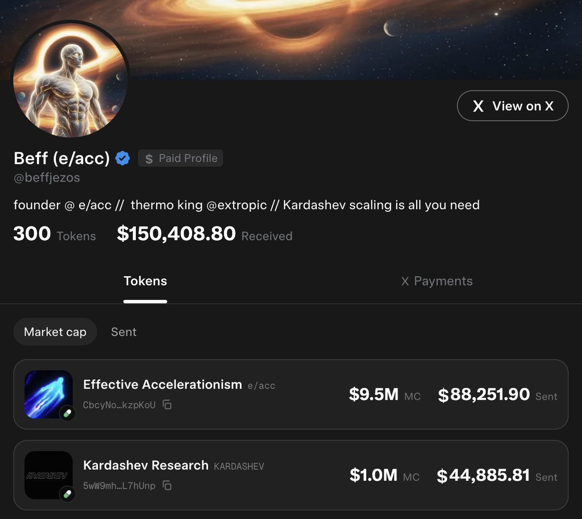 kevinxu's tweet photo. $150k has been sent to @beffjezos over the weekend for a couple of tweets about e/acc.

now he's starting a non-profit @Kardashev_AI dedicated to the study of civilizational acceleration.

there are entire charities that raise less than he did.

congratulations and i look forward to what you do for the cause.