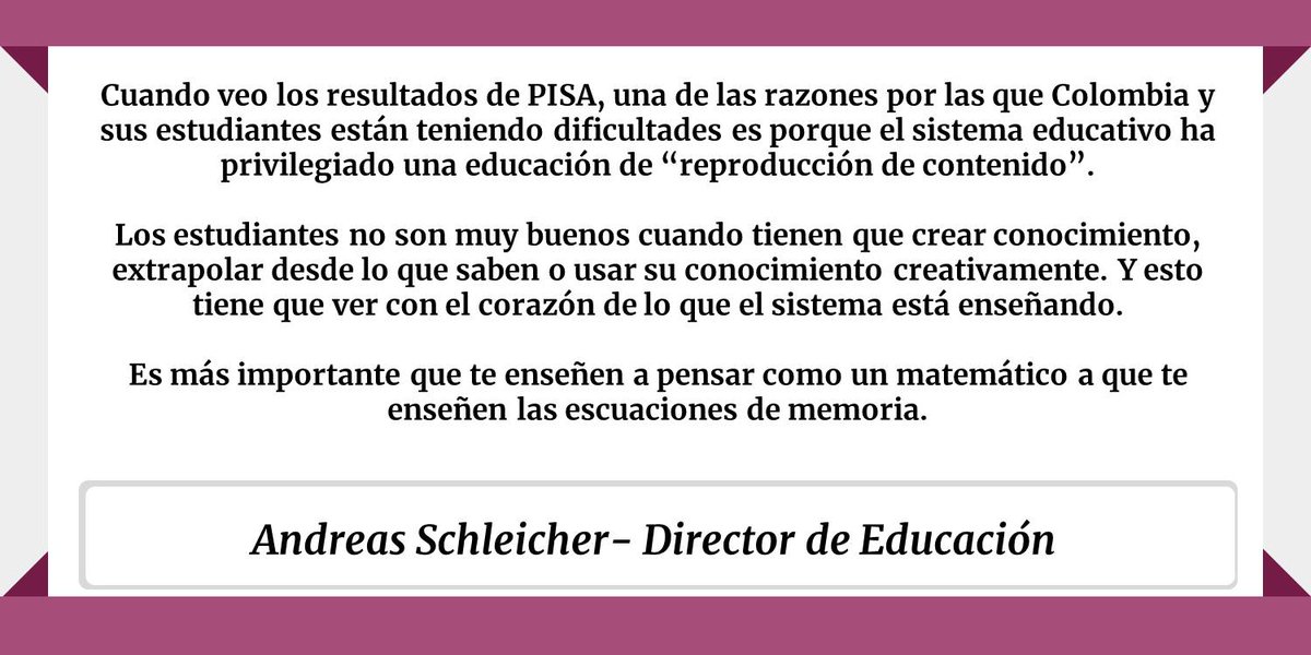 juliandezubiria's tweet photo. El director de PISA destacaba en 2018 un factor esencial para explicar los bajos resultados de Colombia Decía que la educac. en el país privilegiaba contenidos y memoria. Dado eso, no enseñaba a pensar. Hoy es más grave porque la atención y la lectura de los estudiantes es menor: https://t.co/W3Z04433D5