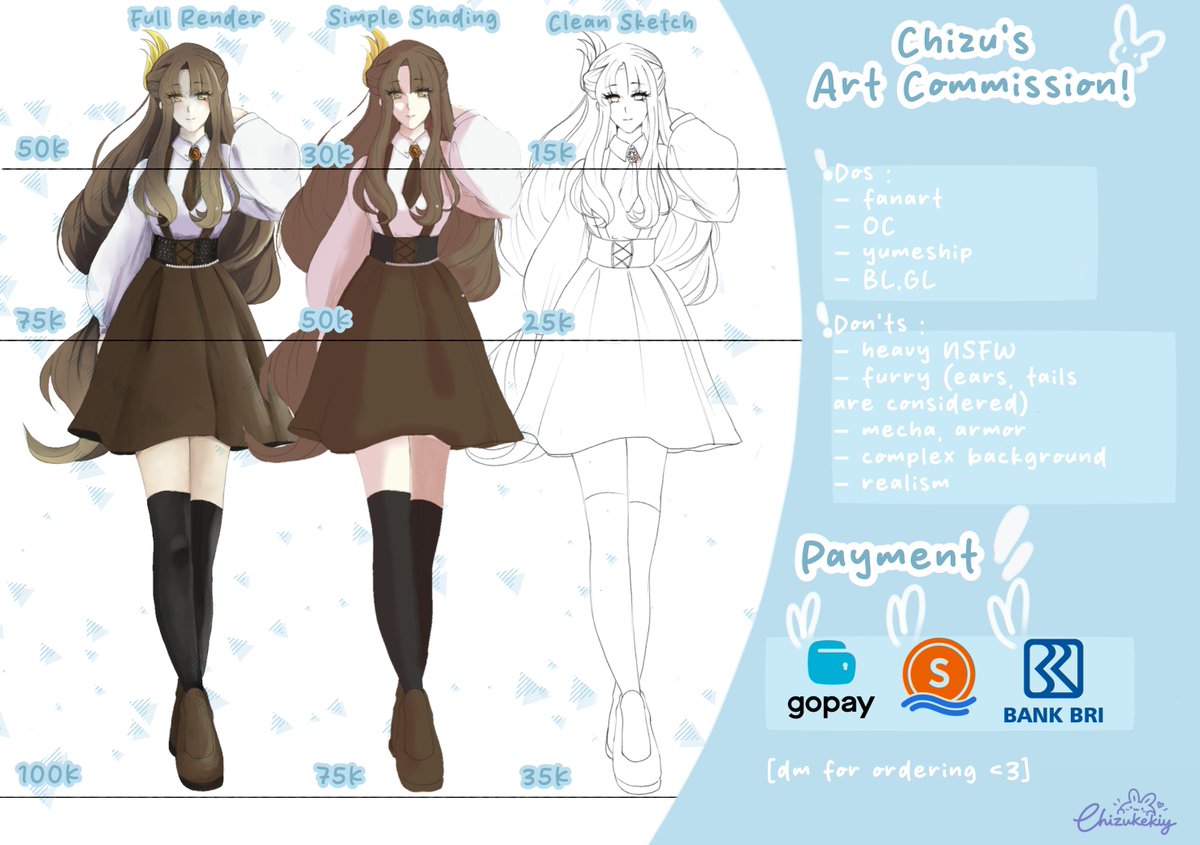 chizukekiy's tweet photo. 🩵 OPEN COMMISSION! 🩵

❤️&amp;🔄 are all appreciated! 

Halo! Aku buka commission untuk kalian yang mau dibikinin art OC / karakter favorit! ✨

✦ Commission mulai dari 15K aja!

🎉 DISKON 30% untuk 3 customer pertama!

📩 Langsung DM kalau tertarik!

#Commision #artidn #zonajajan https://t.co/Qff33wn6ra