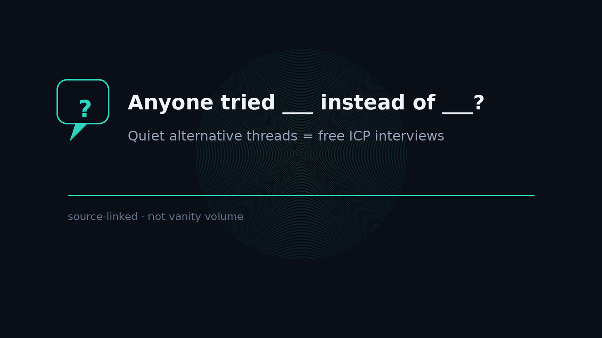 jason9367's tweet photo. Founders: do you reply when someone asks "anyone tried X instead of Y?"

I treat those as free ICP interviews — not noise.

ChatterBeam surfaces them across X/Reddit/YouTube/LinkedIn Pages with the source link attached.

https://t.co/LOn5pgNIt2 https://t.co/YcE6PlBNUi