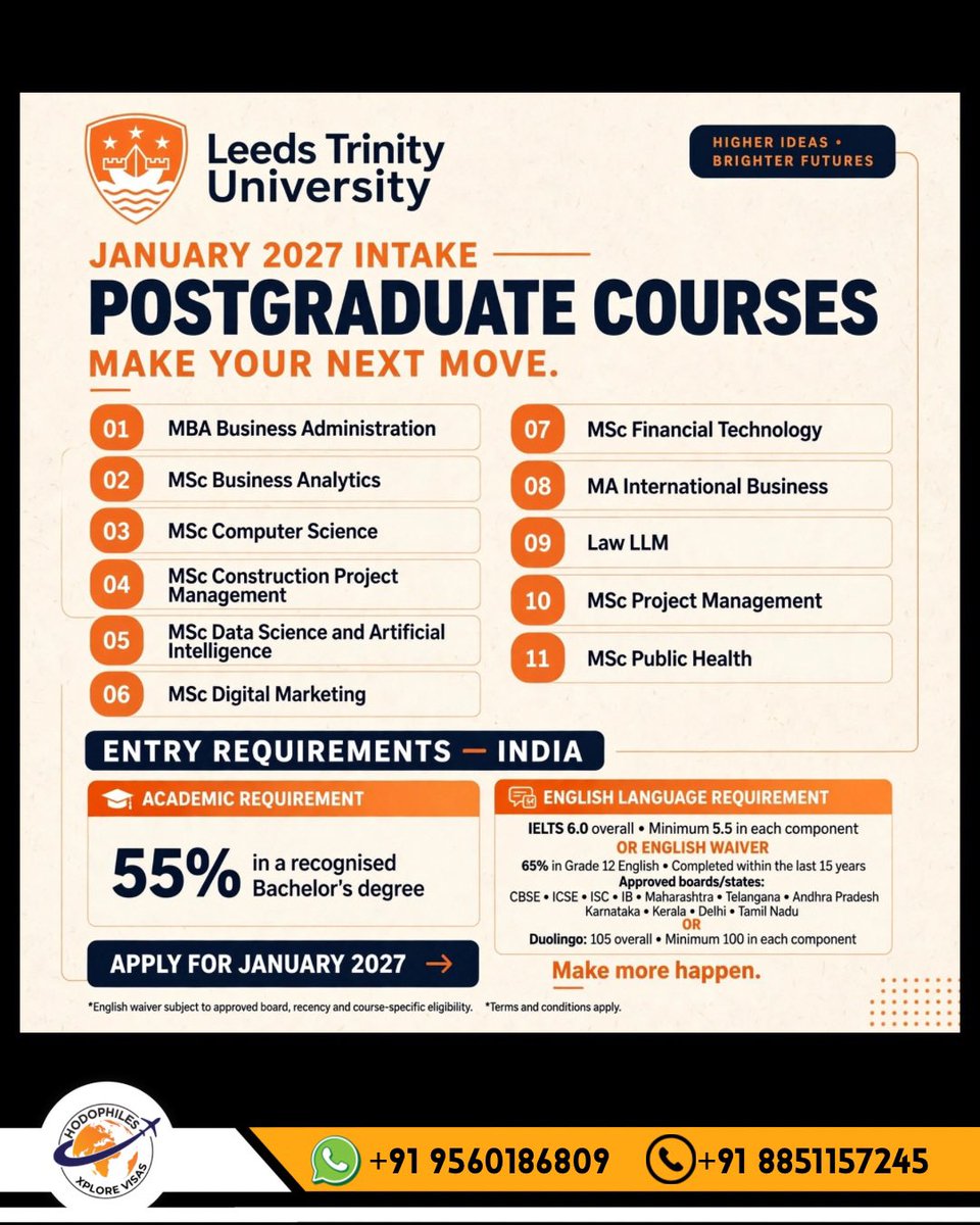 Xplorevisas's tweet photo. Make Your Next Move with Leeds Trinity! 🇬🇧
Jan 2027 Intake - Postgraduate Courses Open
Apply now for January 2027!
Contact us- +91 9560186809
#LeedsTrinityUniversity #StudyInUK #JanIntake2027 #StudyAbroad #hodophilesxplorevisas https://t.co/JoTckH2t7t