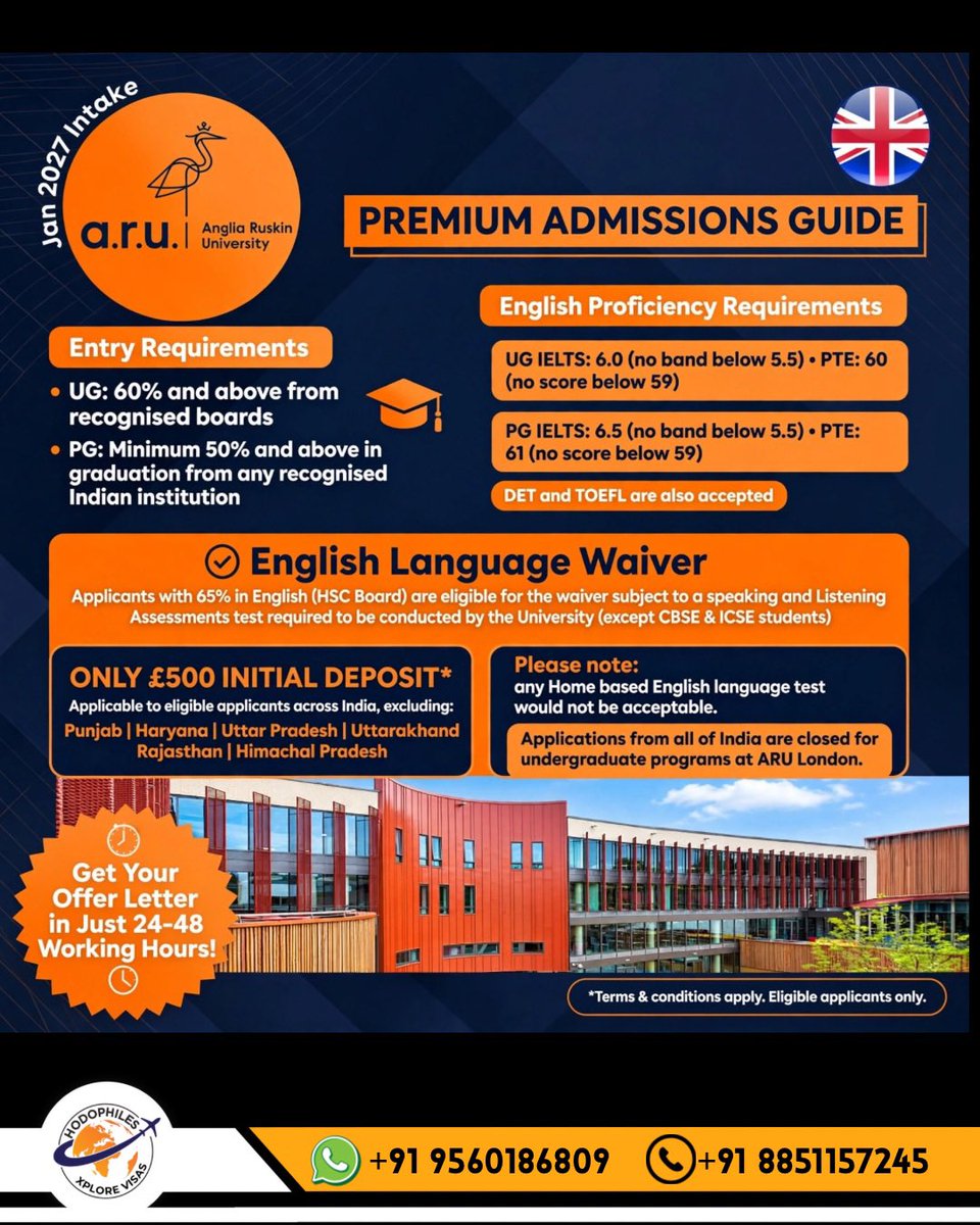 Xplorevisas's tweet photo. Your UK dream starts at ARU! 🇬🇧
Jan 2027 Intake Open
Don’t miss - Apply now!
+91 9560186809
#AngliaRuskinUniversity #StudyInUK #JanIntake2027 #UKUniversities #hodophilesxplorevisas https://t.co/wotjMoXfE4