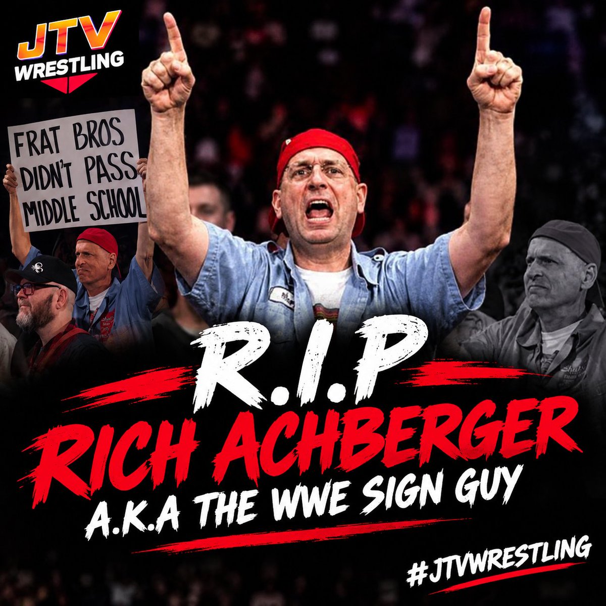 jtvwrestling's tweet photo. #jtvwrestling is saddened to learn of the passing of iconic pro wrestling fan rich archberger a.k.a, the #WWE sign guy, our condolences to his family and friends 🙏 https://t.co/q3mkrdbqR1