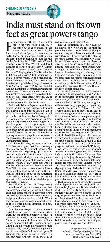 HappymonJacob's tweet photo. In my column for Hindustan Times, I argue that "While exploiting the world’s contradictions remains the right instinct, the harder task is to make sure India builds enough power to matter when there are fewer contradictions to exploit."