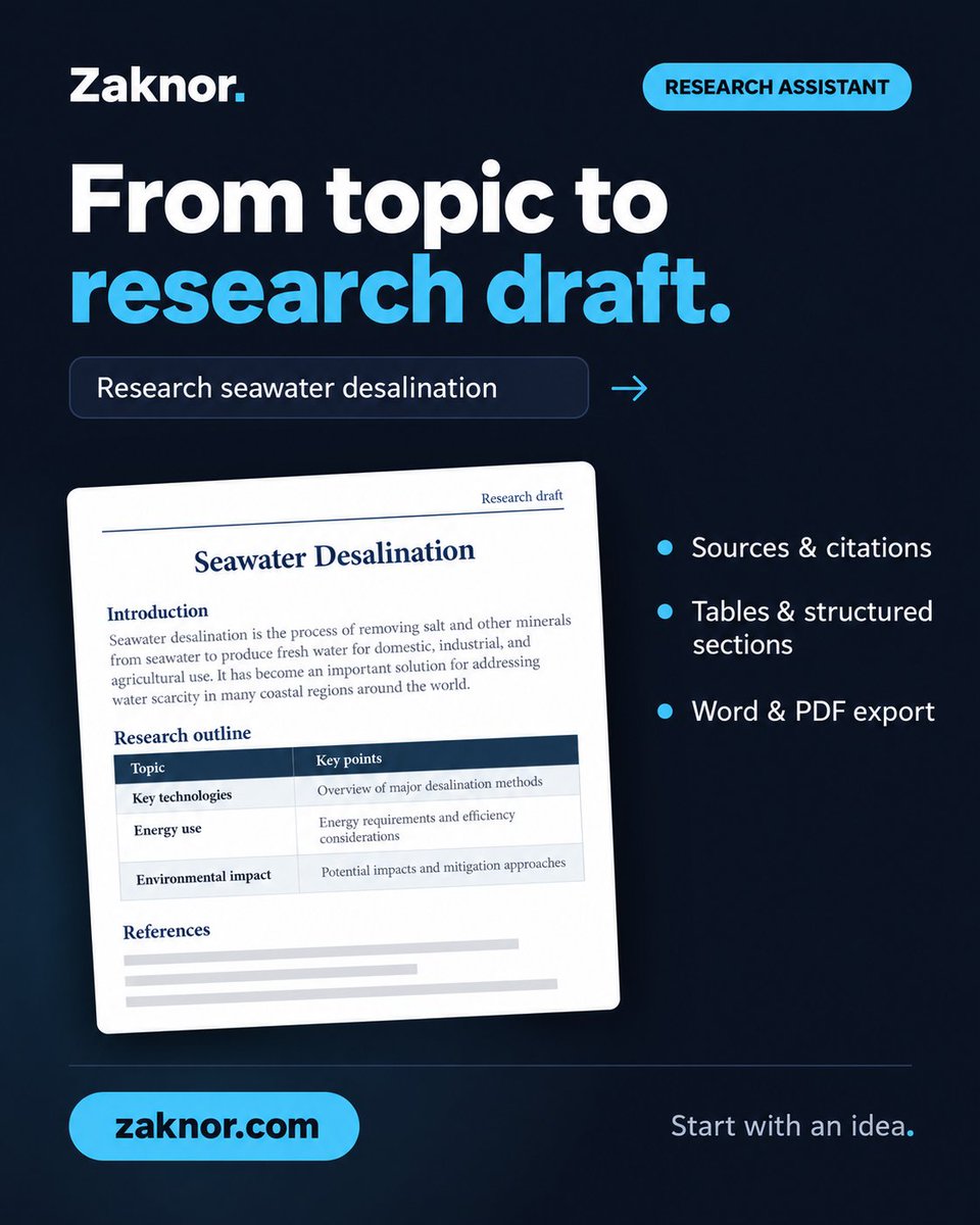 ZAKNOR_COM's tweet photo. Turn your topic into a structured research draft ���

Organize ideas, work with sources and tables, and export to Word or PDF—all with Zaknor.

Start with your next idea:
https://t.co/SadtXZYIwI
#AI #Research https://t.co/XMg4INZ5Te
