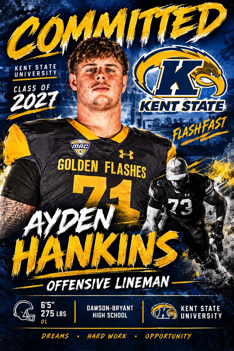 coachericbailey's tweet photo. @AHankins86288 
🚨 COMMITTED! 🚨

Congratulations to Ayden Hankins | Class of 2027 on his commitment to Kent State University! 🟠🔵

The 6’5” offensive lineman from Dawson-Bryant has earned this opportunity through hard work, dedication, and commitment to the game.

Big things! https://t.co/Ed3vaJPhWs