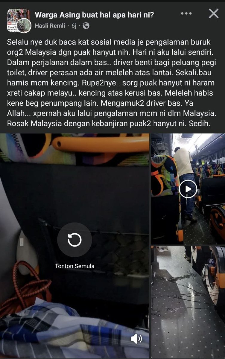 mynewshub's tweet photo. Selalu nye duk baca kat sosial media je pengalaman buruk org2 Malaysia dgn puak hanyut nih. 

Hari ni aku lalui sendiri. 

Dalam perjalanan dalam bas.. driver benti bagi peluang pegi toilet, driver perasan ada air meleleh atas lantai. 

Sekali bau hamis mcm kencing. 

Rupe2nye.. sorg puak hanyut ni haram xreti cakap melayu.. kencing atas kerusi bas. 

Meleleh habis kene beg penumpang lain. 

Mengamuk2 driver bas. Ya Allah... xpernah aku lalui pengalaman mcm ni dlm Malaysia. 

Rosak Malaysia dengan kebanjiran puak2 hanyut ni. Sedih.

Kredit ➡️ Hasli Remli