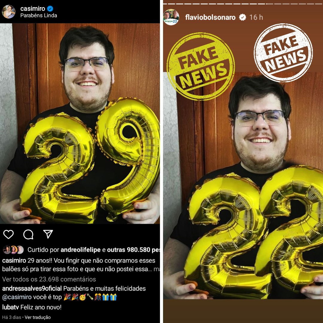 desmentindobozo's tweet photo. Pouco se comenta hoje em dia, mas estava lembrando aqui que em 2022, na última semana da eleição, o Flávio Bolsonaro simplesmente divulgou uma foto falsa de que o Cazé teria declarado apoio ao seu pai no 2° turno. Foi surreal. https://t.co/bfBYNssxQs