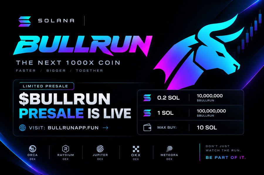 BULLRUNCASHELP's tweet photo. JOIN THE $BULLRUN PRESALE

⏱️ NEXT 1000X COIN
🔥 EXCHANGES INCOMING

MIN: 0.2 SOL | MAX: 10 SOL

🟣 BUY $BULLRUN ON 𝕏
Send SOL → 8trY7gA9kzf9Yu4LUW8SdGCuydHAHfodCEFH3CGHUgWR

💰 0.2 SOL → 10M $BULLRUN
💰 1 SOL → 100M $BULLRUN

🎁 $100 AIRDROP
🔁 RETWEET
👛 DROP YOURSOL WALLET https://t.co/7BN7R0pzIm